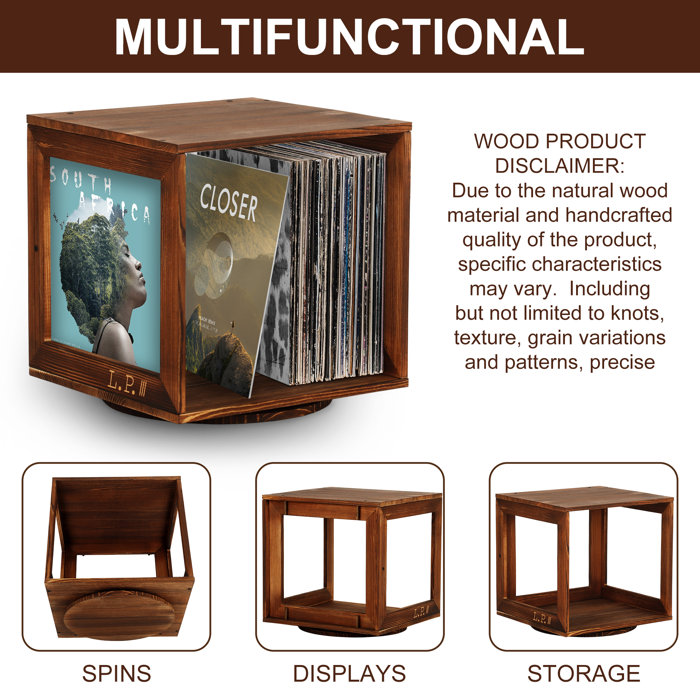 Millwood Pines Claydon 360 Rotating LP Record Storage Cube Solid Wood